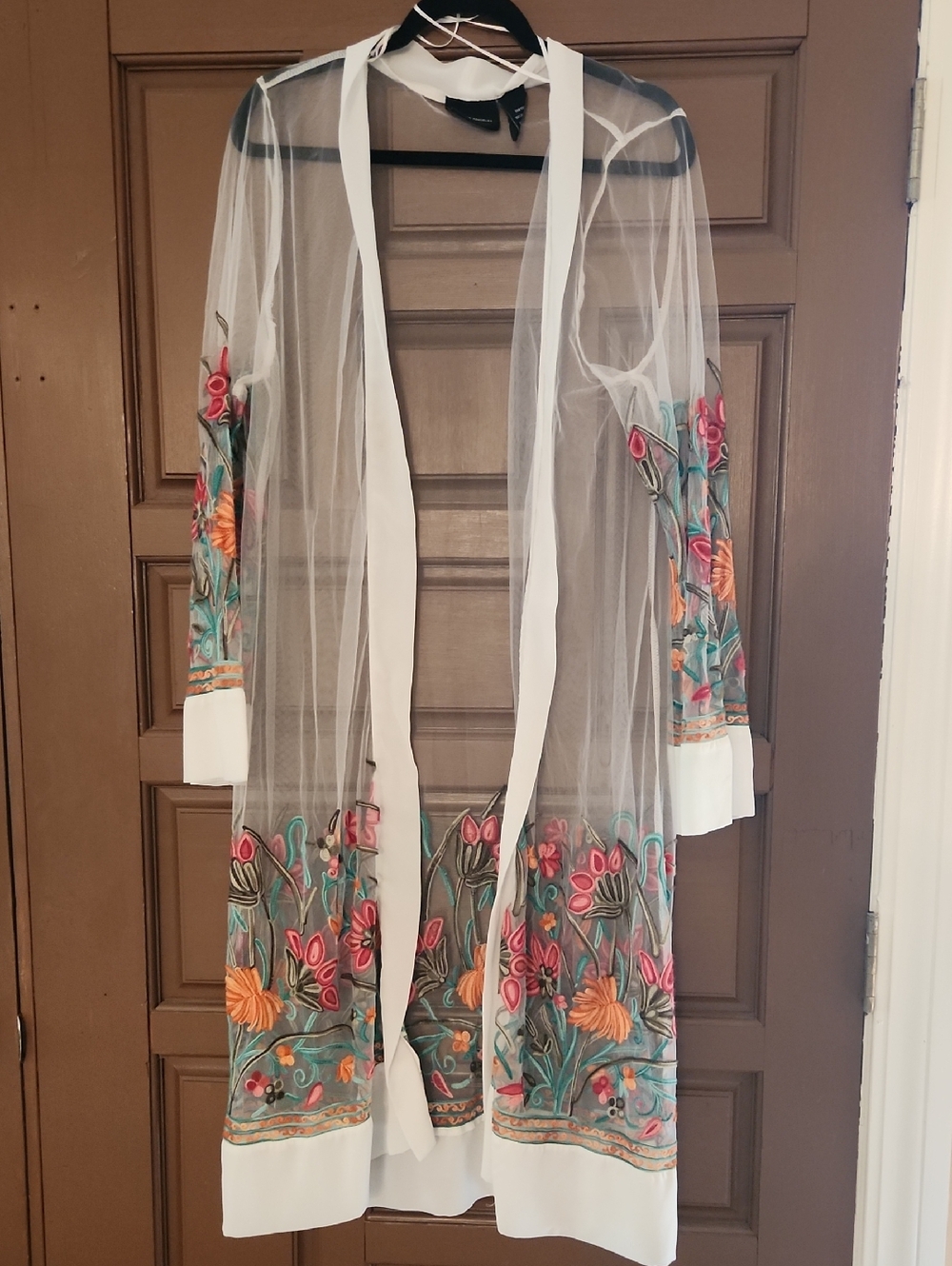 Sheer White Embroidered Long Cardigan with Floral Accents